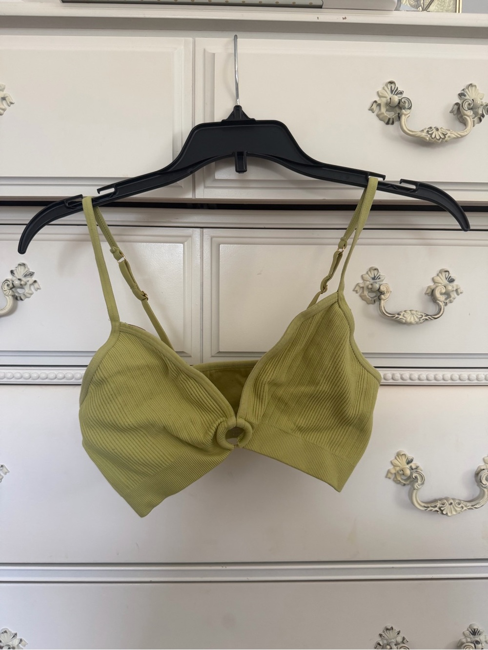 Aerie Olive Green Ribbed Bralette with Gold Ring Detail